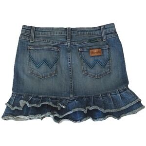 Vtg Y2k 90s Denim Ruffle Mini Skirt Western Country Distressed Grunge Cowgirl